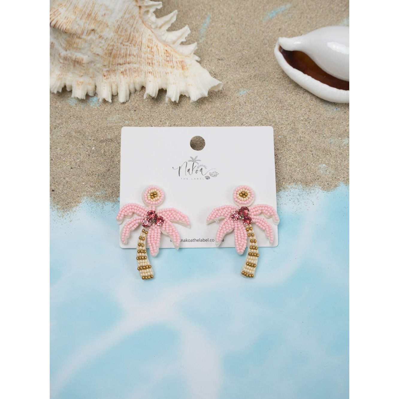 Beaded Palm Tree Earrings - Pink