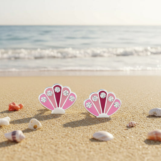 Silver Shell Stud Earrings - Crystal and Epoxy - Pink