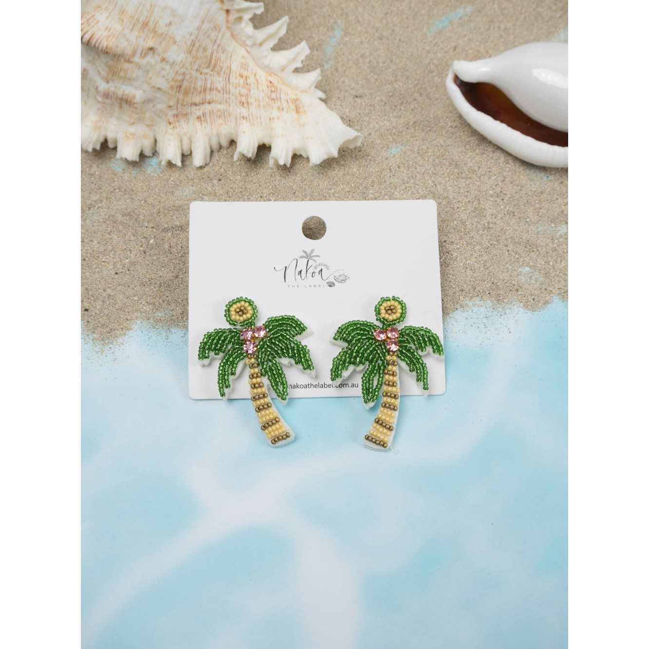 Beaded Palm Tree Earrings - Green