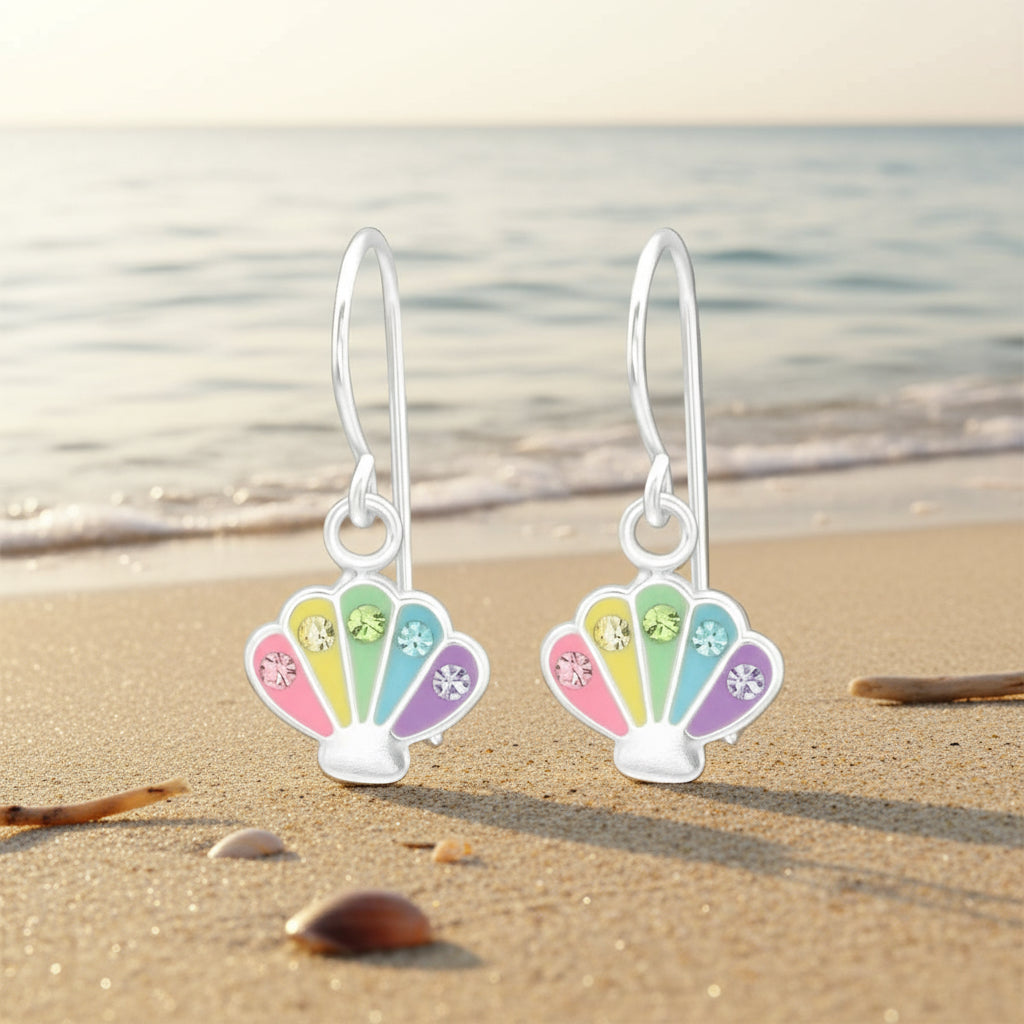 Silver Clam Shell Hook Earrings - Crystal and Epoxy - Pastel