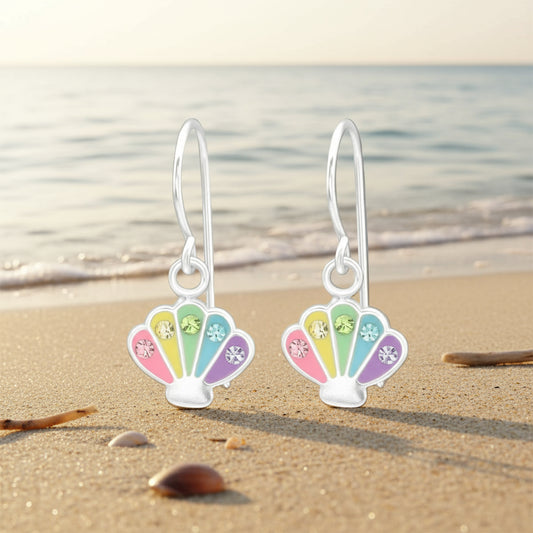 Silver Clam Shell Hook Earrings - Crystal and Epoxy - Pastel